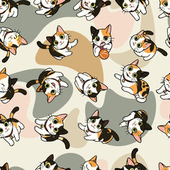 Seamless vector pattern of cute calico cats in playful poses on soft abstract color shapes. Perfect for kids’ products, fabric, and wallpaper design.