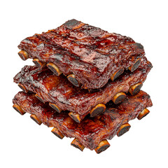 Delicious barbecue ribs stacked high, glistening with sauce, perfect for feast. These tender, meaty ribs are ideal for gatherings and celebrations, bringing joy to every bite