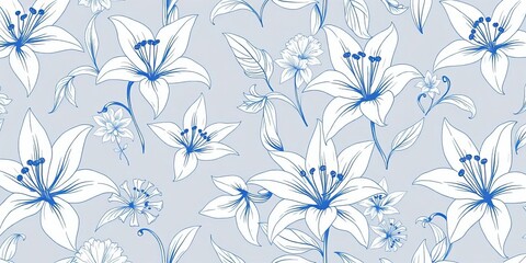 Fototapeta premium Hand-drawn blue line lily floral seamless pattern, perfect for textile & wedding designs, repeat, textile design