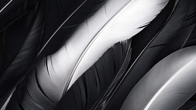 Close-up of overlapping black, white, and gray feathers with detailed textures and smooth curves, showcasing natural bird plumage and intricate feather patterns