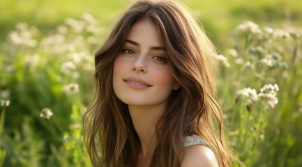 Naklejka premium Portrait of a Woman in Field: A captivating portrait showcases a beautiful woman with long, flowing hair.