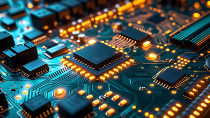 Obraz premium Close up of a green electronic circuit board with microchips and computer components
