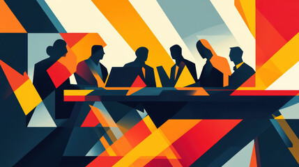 Abstract geometric illustration of business people in a meeting or conference surrounded by colorful angular shapes and dynamic design elements in a modern style