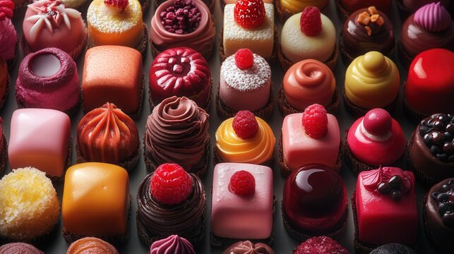 Assorted colorful pastries and desserts with various toppings and textures