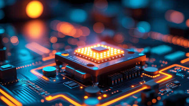 Close up of a green electronic circuit board with microchips and computer components