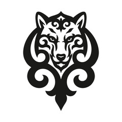 Stylized tribal wolf head in black ornament, ethnic totem design, wild animal illustration, tattoo or emblem concept, isolated on white background.
