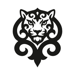 Tribal leopard head in ornamental style, black and white tattoo design with ethnic decorative elements, wild big cat face isolated on white background, symmetrical vector illustration