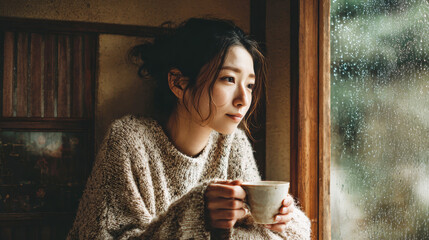 静かな時間を楽しむ女性の雨の日ティータイム
