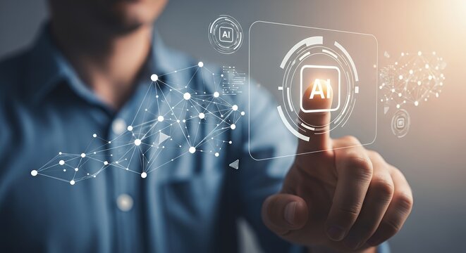 Person Touching Ai Interface with Networked Connections and Data Visualizations