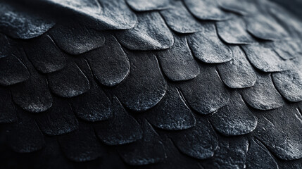 Fototapeta premium Close-up of overlapping dark gray and black textured fish scale pattern highlighting detailed layered natural design and surface texture for artistic backgrounds