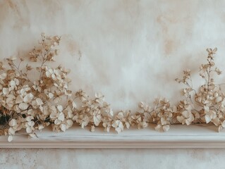Beige neutral background with beige dried flowers, soft texture, minimal and natural design.