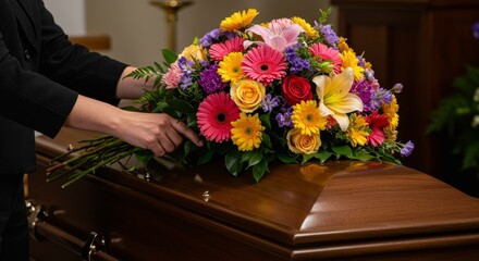 Caskets flowers. Arranging Colorful Flowers on a Casket at Funeral Service