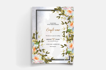 WEDDING INVITATION FRAME WITH FLOWER DECORATIONS AND FRESH LEAVES