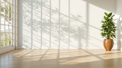 Serene indoor scene with a houseplant casting shadows on the wall, showcasing natural light and minimalist design in a bright room