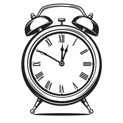 Vector illustration of a classic alarm clock with roman numerals silhouette indicating the time near midnight at twelve o'clock