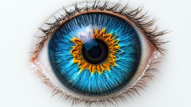 Close-up of a stylized blue eye.  Vibrant blue iris with intricate patterns, orange/yellow highlights.  Eyelashes and white sclera visible - Powered by Adobe