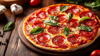 Delicious vibrant Pepperoni Pizza with Fresh Basil Leaves and Rustic Wooden Background