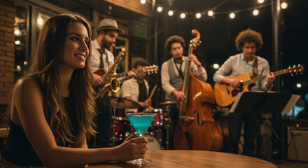 a woman in a cafe with jazz band