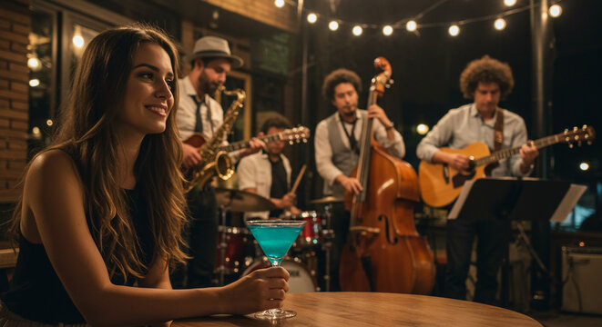 a woman in a cafe with jazz band