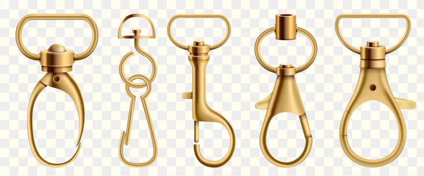 Realistic gold metal swivel lobster clasps in various shapes, commonly used in keychains, crafts, and bags.
Vector illustration