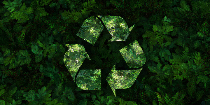 Eco-conscious Symbol: The recycling symbol, ingeniously integrated into a verdant natural background, represents a pledge to sustainability and environmental stewardship.