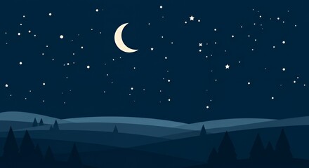 Peaceful Night Landscape with Moon, Stars and Silhouette Trees