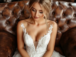 Elegant bride with deep neckline sitting on leather sofa, waist-up portrait in soft natural light.