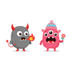 Funny cartoon devil monster character icon illustration set with a cute face