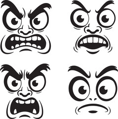 Fototapeta premium Four Black and White Cartoon Faces Showing Angry and Frustrated Expressions Silhouette Style Illustrations