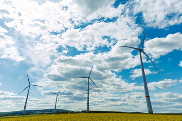A field of wind turbines generating energy standing in a green field. Wind turbines in a yellow...