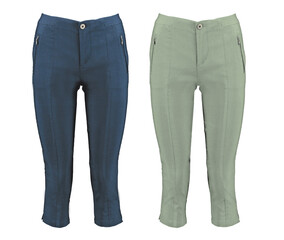 Green and blue capri pants. Isolated image on a white background.  Front view. Nobody.
Photo on...