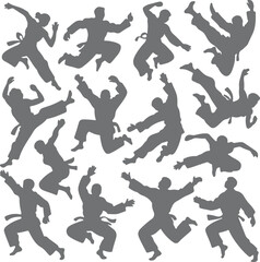 Grey Silhouettes of Martial Artists in Dynamic Poses Action Shots Karate Taekwondo Judo Uniform Belt White Background