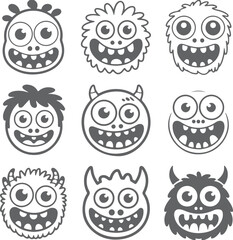 Fototapeta premium Nine Gray and White Cartoon Monster Silhouettes with Big Eyes and Wide Smiles Various Hair and Horn Styles