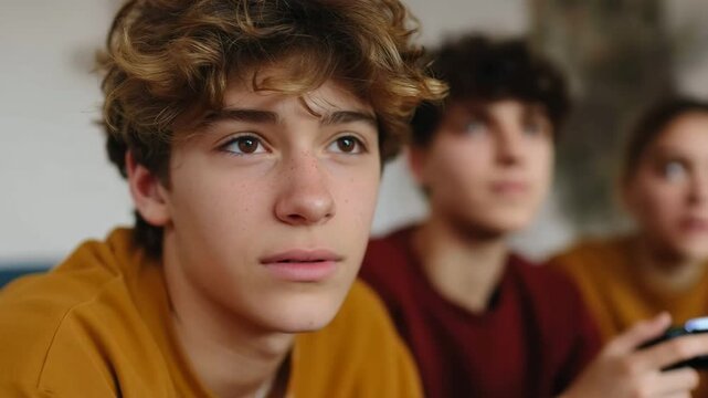 Focused teen gamers engrossed in intense virtual competition at home