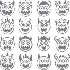 Fototapeta premium Sixteen Gray Cartoon Monster Silhouettes with Horns Smiling Wide Happy Faces Various Hairstyles and Expressions