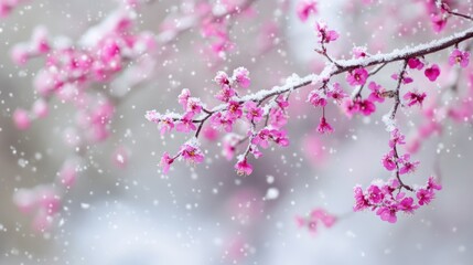 Fototapeta premium Delicate pink plum blossoms adorned with snow, creating a serene winter scene