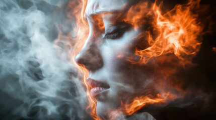 Artistic image of a woman's face with contrasting fire and smoke elements highlighting beauty, strength, and the dynamic interplay of nature and emotion