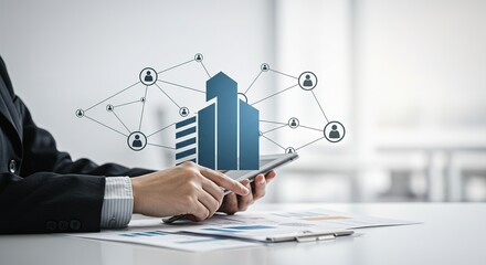 Person using a smartphone with building icon and network visualization overlay.