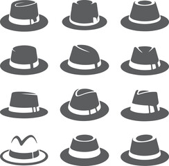 Twelve Gray Silhouette Hats Collection Various Styles Fedora Bowler Trilby Fashion Accessories Design Elements