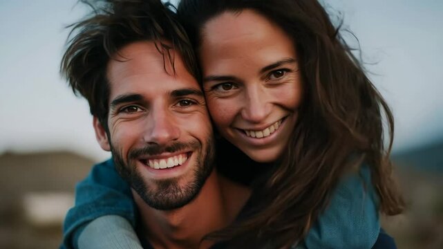 Joyful couple celebrating love with playful piggyback ride outdoors at sunset