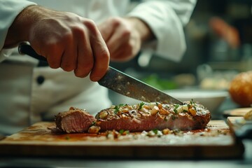 Professional chef slicing delicious grilled steak on wooden cutting board, preparing gourmet meal in commercial kitchen