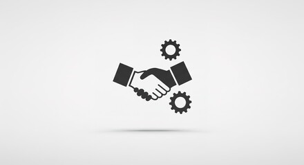 Black handshake icon with gears symbolizing partnership collaboration and agreement on white.