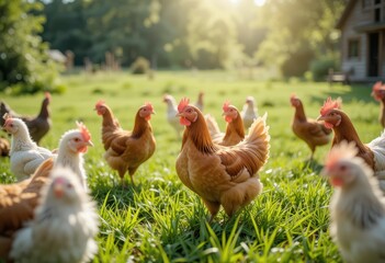 Fototapeta premium Chickens walk in the grass in the morning