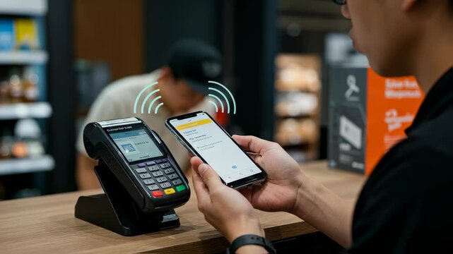 Man making payment in store using smartphone with NFC technology. Payment terminal on counter for digital transaction footage. - Powered by Adobe