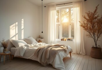 Fototapeta premium Sunlit Bedroom with Minimalist Design and Natural Elements.