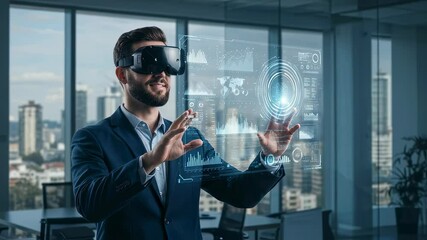 Man wearing virtual reality headset interacts with holographic data in augmented reality modern office, future technology concept footage. - Powered by Adobe