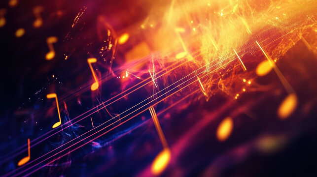 Electronic musical notes lights vibrant abstract glowing digital sound wave background with colorful bright neon glow and motion effects for music and technology themes