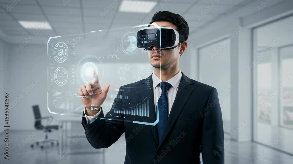Poster man wearing virtual reality headset, interacting with holographic display of business data and graph