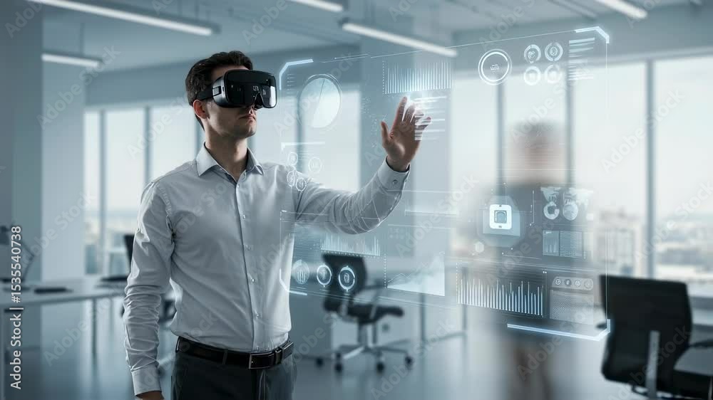 Poster man wearing vr headset interacting with virtual interface. businessman using immersive technology fo
