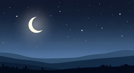 Dark Blue Night Sky with Crescent Moon and Stars Above Silhouette Hills